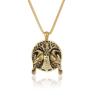 Vintage Nordic Viking raven pendant necklace with gold Tree of Life and Celtic knots