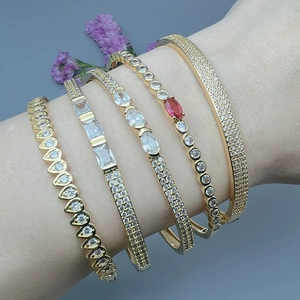 Fashion Gold Plated Copper Zirconia Bangle Bracelet For Women Geometric Heart Water Drop Red Stone Inlaid Rhinestone Jewelry