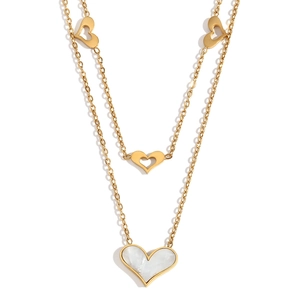 Double layer 18K gold plated stainless steel heart necklace with mother-of-pearl pendant