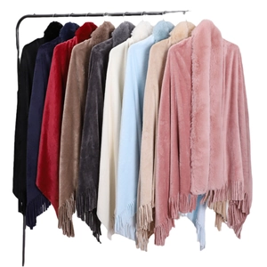 Winter double-sided flannel shawl with faux rabbit fur collar and tassels in multiple colors