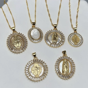 Virgin Mary Saint Benedict Pendant Necklace 18K Gold Plated Copper White Mother Of Artificial Pearl Zircon Religious Jewelry For Women