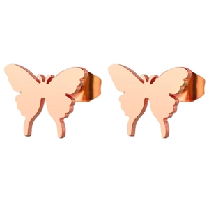 Boucles d'oreilles papillon en acier inoxydable or rose sur fond blanc pur