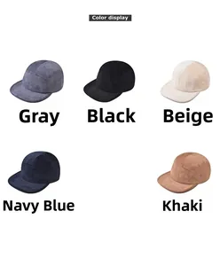 Close-up of corduroy 5-panel caps in gray, black, beige, navy blue, and khaki colors