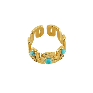 Detail of 18k gold plated stainless steel ring with turquoise stone and sunburst relief