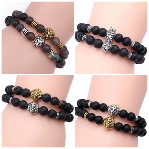 Men's Natural Stone Beaded Bracelet With Alloy Lion Head Charm Retro Punk Elastic Hand Chain Agate Lava Tiger Eye Accessory