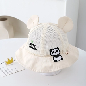 Close-up of breathable mesh crown and cute panda embroidery on baby sun hat
