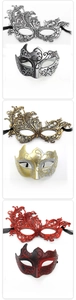 Detail of masquerade mask set featuring phoenix lace and painted half-face design in three colors