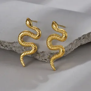 Vintage snake shaped titanium steel earrings in gold finish with realistic scales