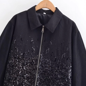 Women's casual black sequined jacket with silver zipper and sparkling knit texture