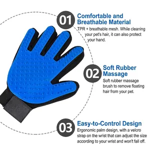 Blue rubber pet grooming glove with massage tips for shedding and bathing cats and dogs