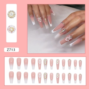 Luxurious gradient french coffin press-on nails with 3D floral accents and pearls