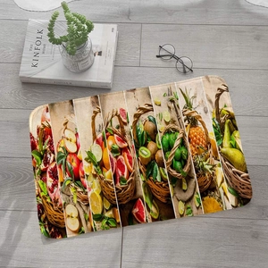 Fruit pattern flannel door mat on gray wood floor with natural home decor scene