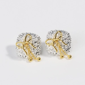 Bowknot Tassel Stud Earrings With Copper Earring Post Gold Plated Geometric Two Tone Elegant Jewelry For Women