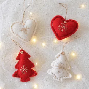 Christmas Tree Heart Hanging Ornaments Wool Felt Wood Button Snowflake Embroidered Handmade Rustic Nordic Holiday Decor