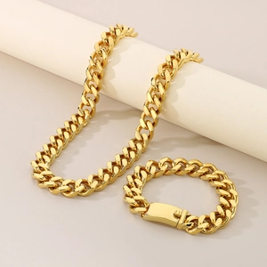 Ensemble collier et bracelet maille gourmette de 13mm en acier inoxydable doré pour hommes et femmes