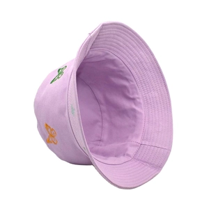 Detailed close-up of purple bucket hat featuring vibrant butterfly embroidery and soft cotton fabric