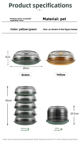 Detailed size chart of stackable PET food covers in yellow and green colors