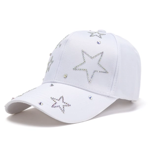 White baseball cap featuring sparkling star rhinestones and stylish twill fabric design