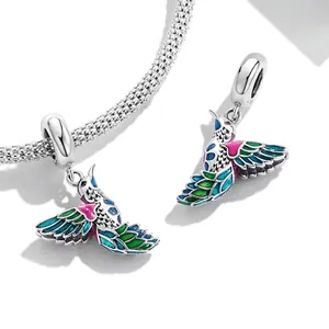 925 Sterling Silver colorful enamel hummingbird charm pendant for DIY beaded bracelets