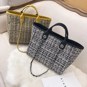 Large Tweed Tote Bag Contrast Color Plaid Chain Shoulder Strap PU Leather Trim Elegant Commute Handbag For Women