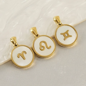 Zodiac Constellation Pendant Necklace 18K Gold Plated Stainless Steel Round Mother Of Artificial Pearl Fashion Jewelry For Women