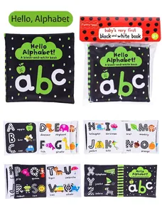 Macro detail of high-contrast black and white alphabet baby cloth book for early learning