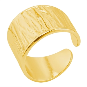 Macro detail of wide golden open ring featuring a unique textured hammered metal finish