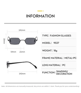 Detailed size chart and specifications for hip-hop polygon metal sunglasses with dimensions
