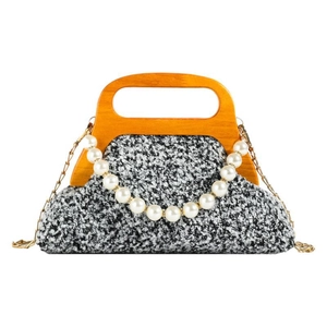 Retro style wool handbag with wooden top handle and decorative pearl chain detail