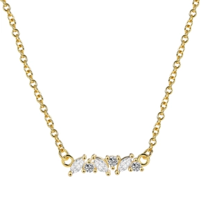 Elegant gold necklace with marquise and round cut white zircon pendants on white background