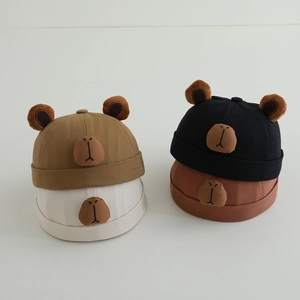 Cute Cartoon Bear Baby Docker Hat Cotton Brimless Cap With Plush Ears For Toddler Infants Spring Soft Breathable