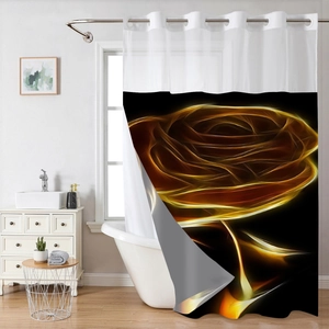 Detail of waffle weave shower curtain with gold flame rose pattern on black fabric