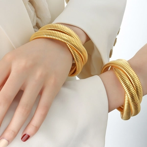 Chic triple-layer gold plated snake bone coiled stretch bracelet for women