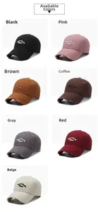 Detailed grid showing 7 colors of vintage distressed baseball caps with embroidery