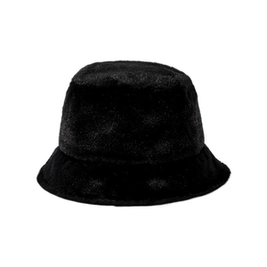 Close-up of the fluffy black faux fur texture on a warm winter bucket hat for women