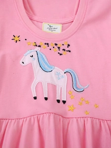 Pink cotton girls' dress with detailed unicorn embroidery and yellow stars motif