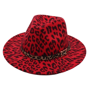 Fashionable red leopard print fedora with wide brim and decorative gold buckle band