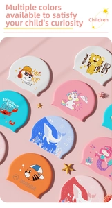 Flat lay of colorful waterproof silicone swim caps with cute cartoon animal patterns