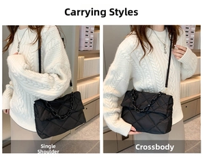 Dual view of black quilted crossbody bag showing single shoulder and crossbody styling