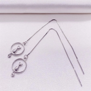 Elegant S925 sterling silver cat moon threader earrings on a luxury white silk fabric