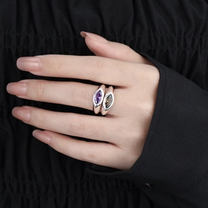 S925 Sterling Silver Double Ring with Marquis-Cut Purple and Olive Green Zircon Crystals