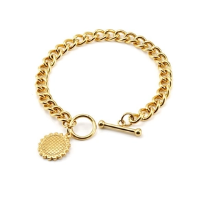 Goldenes Gliederkettenarmband aus Edelstahl mit Sonnenblumen Anhänger und OT Verschluss