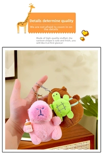 Close-up of soft plush Capybara keychain with a tiny milk bottle and a green turtle