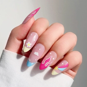 Long Almond Press On Nails ABS Plastic Pink Flame Daisy Flower Cloud Star Pattern Full Cover Manicure For Women