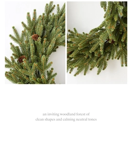 Close-up of artificial pine needles and natural pine cones on a Christmas wreath