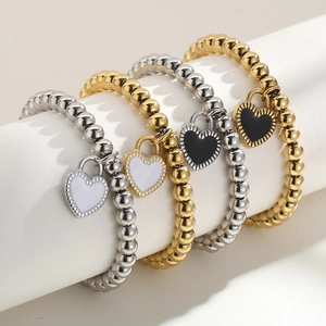 Bracelets à perles en acier inoxydable faits main en or et argent avec cœurs émaillés