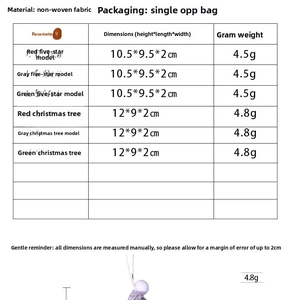 Detailed size chart for Christmas star and tree ornaments showing material and dimensions