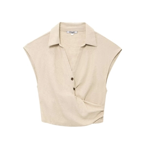 Top a portafoglio senza maniche in misto lino con fibbia e revers color beige