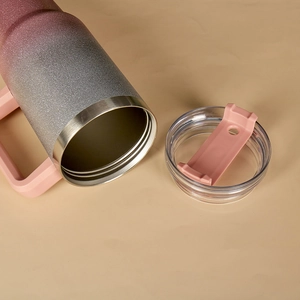 Pink and grey gradient 40oz stainless steel tumbler with handle and sparkle finish