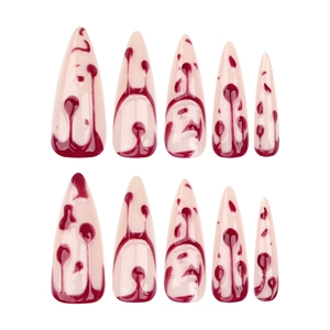 Halloween stiletto press-on nails with nude base and red 3D blood drip patterns